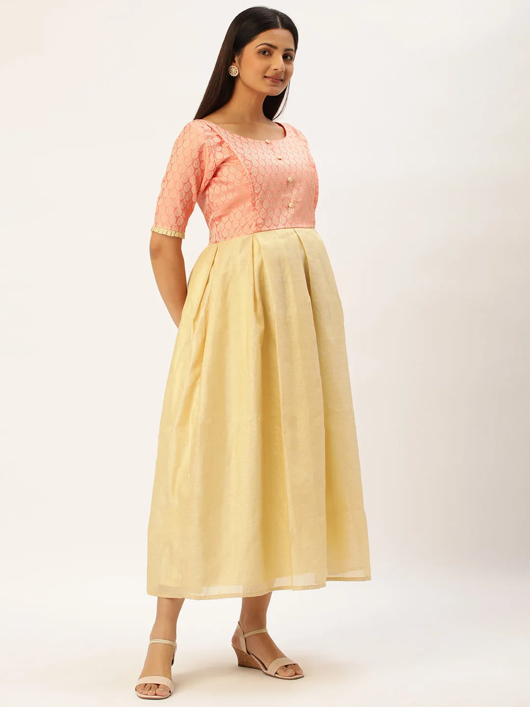 Peach Ethnic Motifs Design Maternity Dress